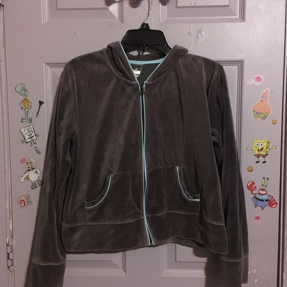 Gray Hooded Zip-Up Jacket with Light Blue Trim Size Medium